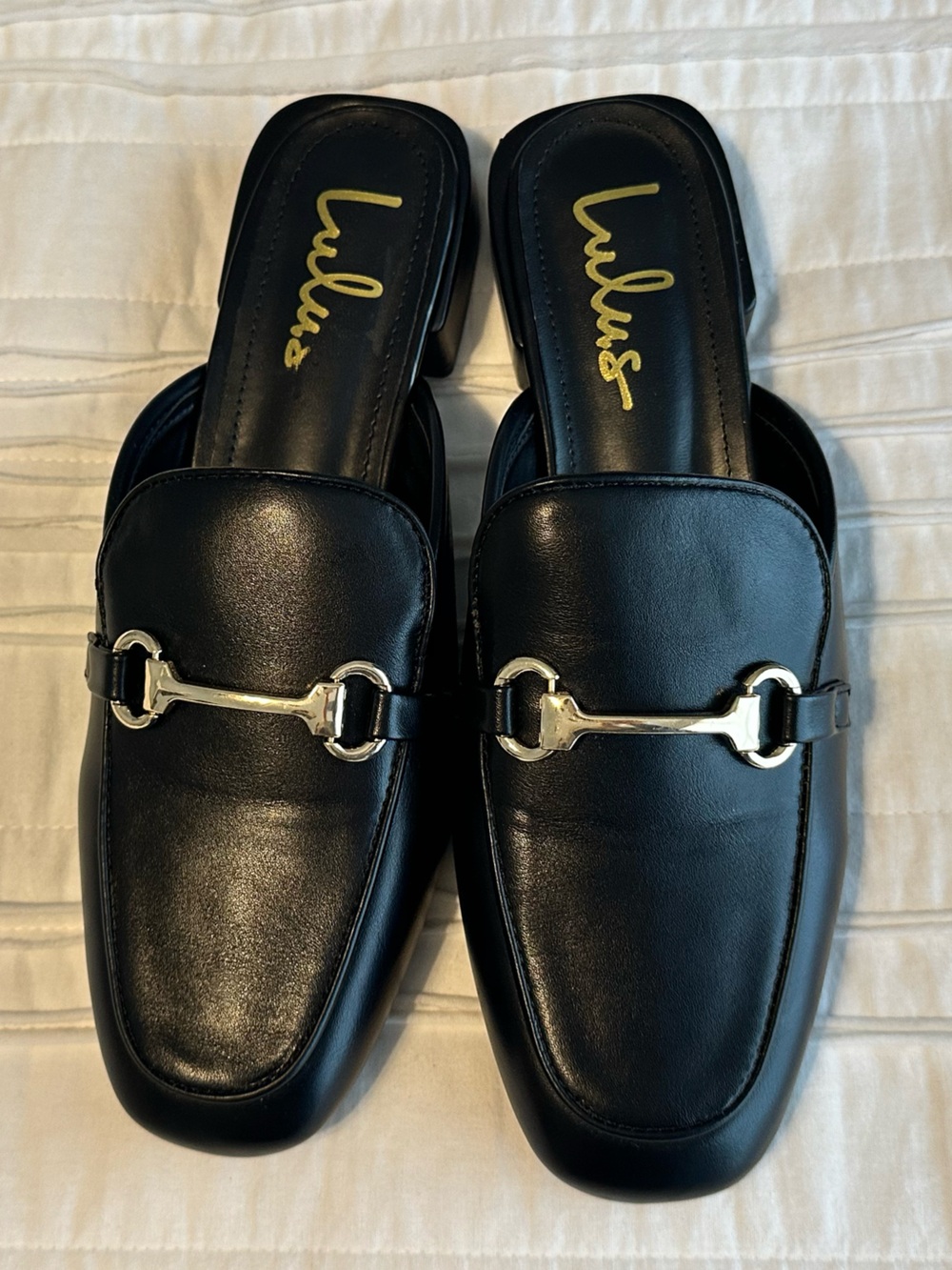 Lulu's Black Leather Mule Slides with Gold Bit